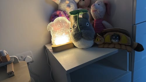 Customer's glowing My Neighbor Totoro Night Light on a shelf next to other stuffed toys.