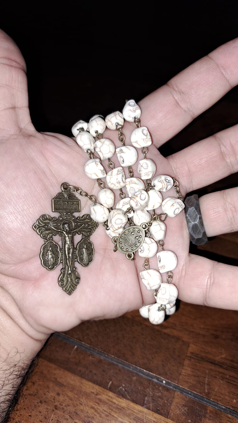 Customer photo review of FREE Today: Saint Benedict & Crucifix of 8 mm White Pine Skull Alloy Chain Rosary Necklace