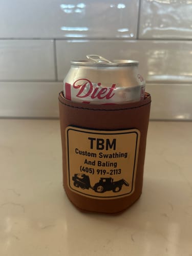 Customer photo review of Custom Leather Koozies Can Cooler Sleeves Neoprene Authentic Leather Patch