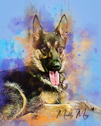 Customer's custom watercolor pet portrait of a German Shepherd puppy lying down with its tongue out against a vibrant background.