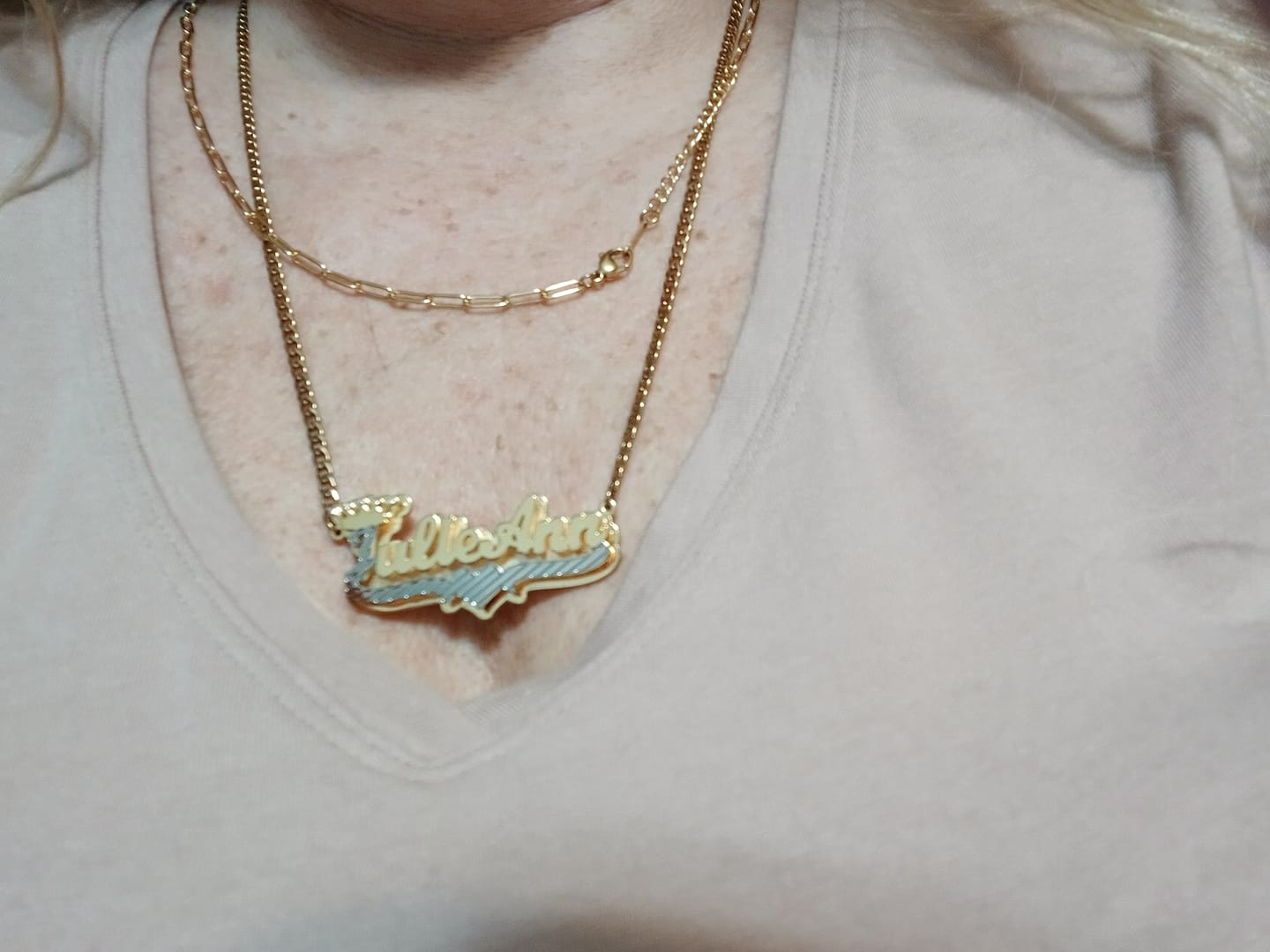 Customer photo review of Double Plated Royal Name Necklace w/ Cuban Chain