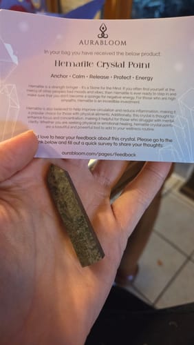 Customer holding a dark, pillar-shaped hematite crystal in their hand, with the description card visible.