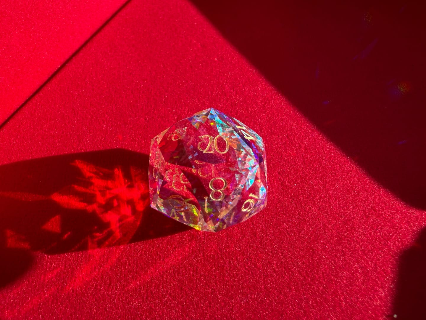 Customer photo review of URWizards D&D Multi-faceted Prism Glass Engraved Dice Set