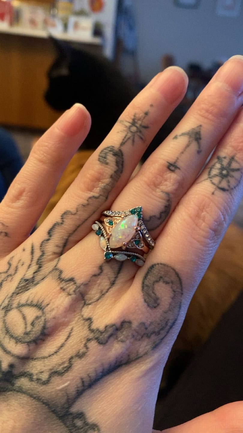 Customer photo review of FREE Today: Vintage Milgrain Marquise Opal and Emerald Three-Piece Ring Set