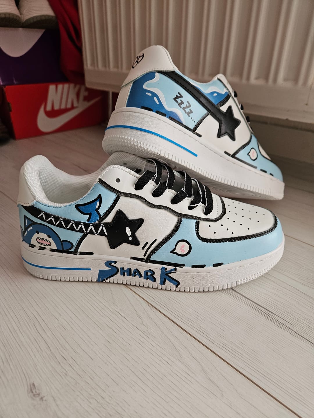 Customer photo review of Hand Painted Bruce the Shark Casual White Shoes - Unisex
