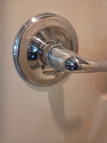 Reviewer's shiny chrome shower fixture after being cleaned with Multi-Surface Concentrate.