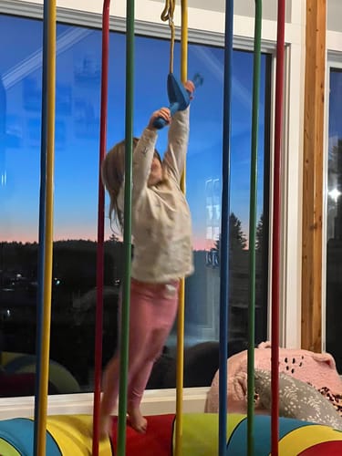 Reviewer's child swinging on the blue Rope Swing over the colorful tube cover from the accessory package.