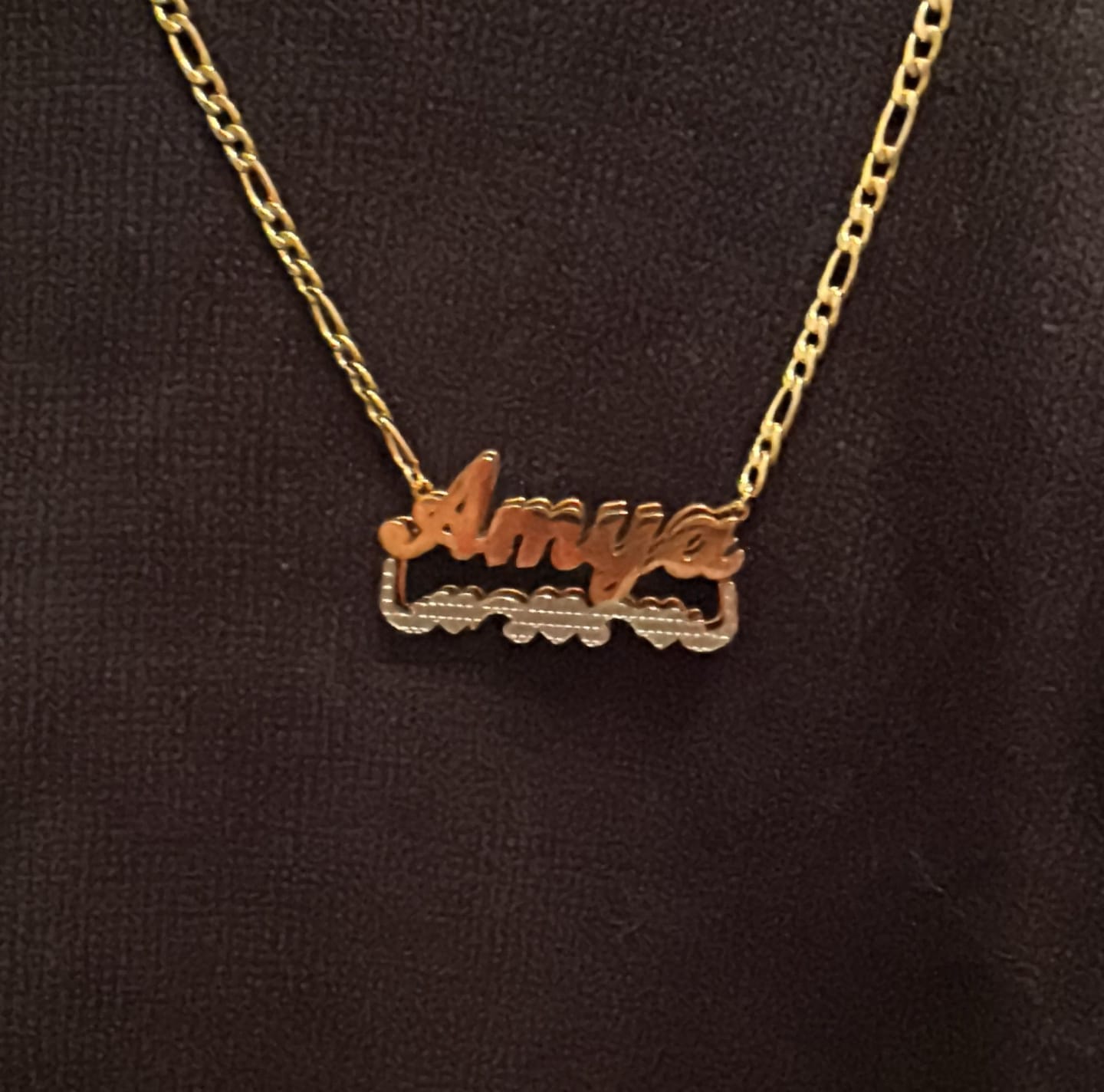 Customer photo review of Double Plated Triple Heart Name Necklace w/ Cuban Chain