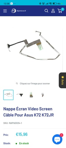 Capture d'écran d'un client de la page produit pour la Nappe Écran Asus K72.