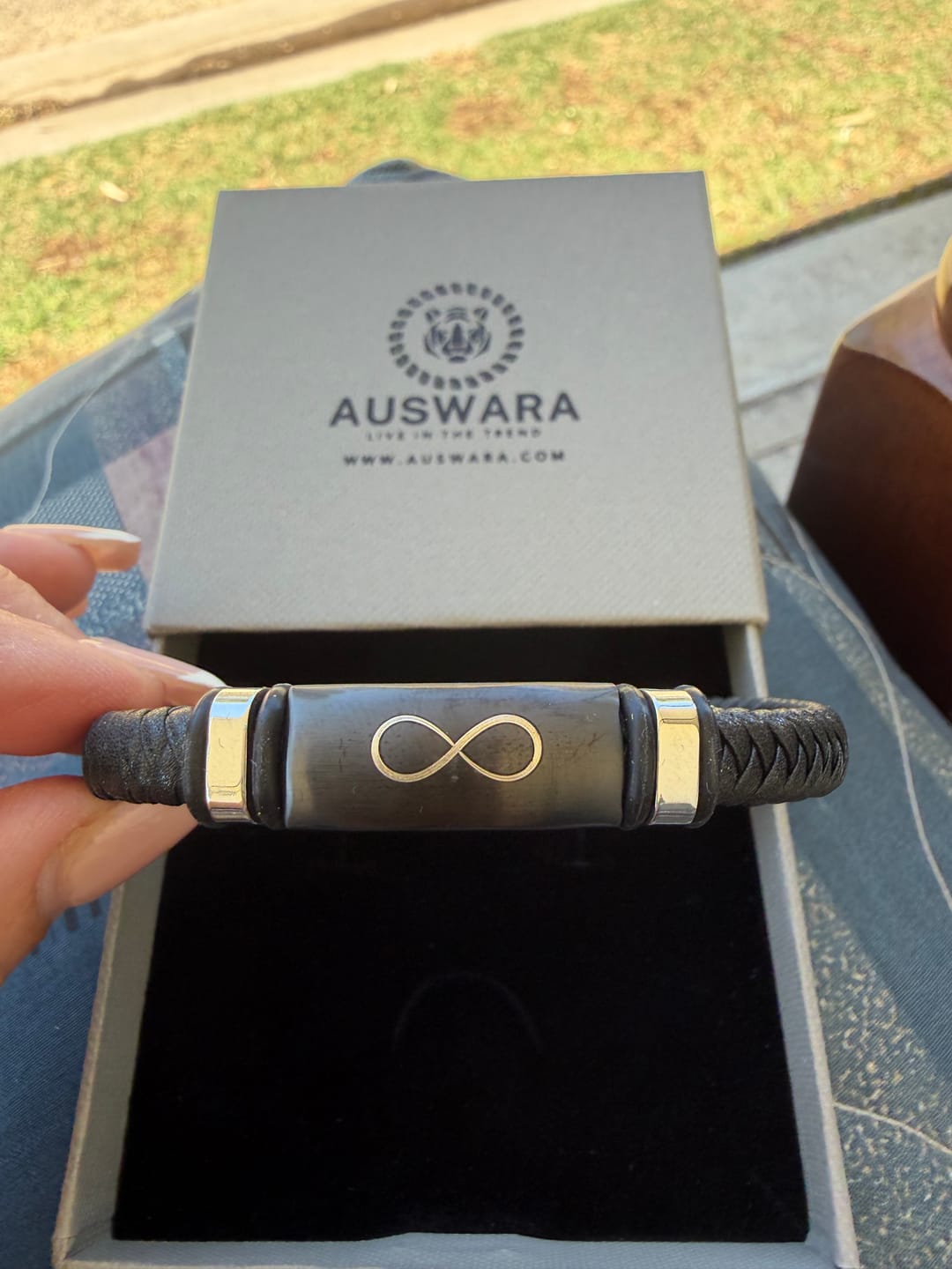 Customer photo review of Personalised Leather Bracelet with Stainless Steel Bar
