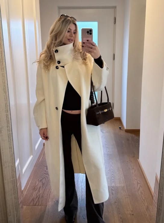 Customer photo review of Ylona Stand Collar Long Coat