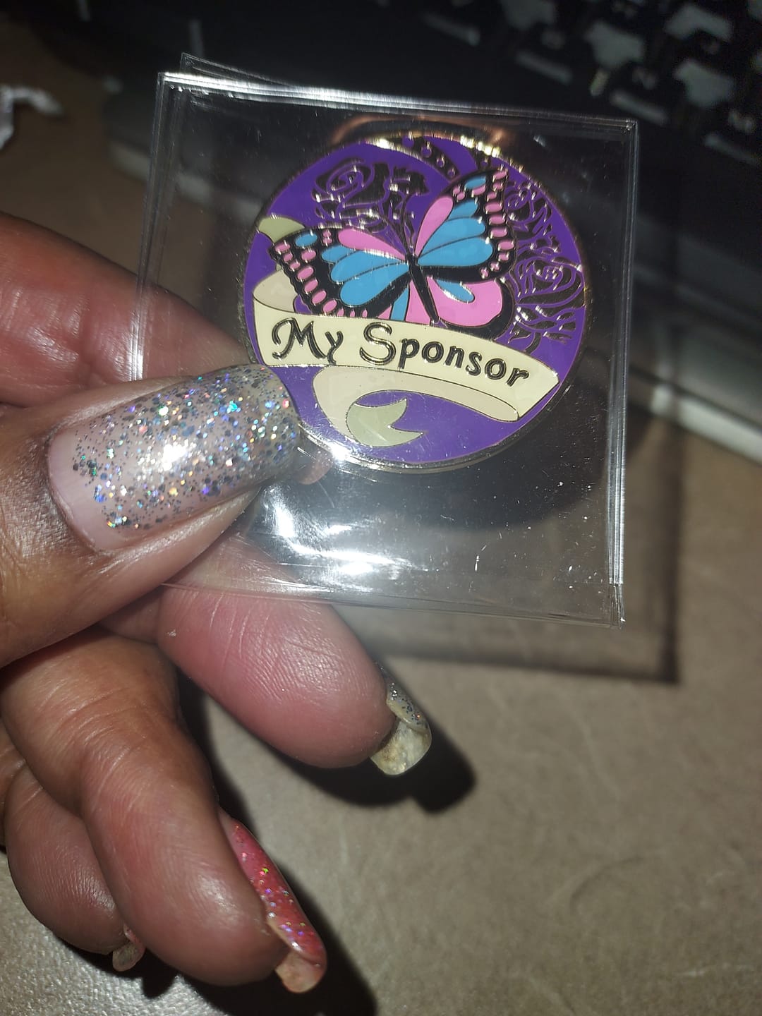 Customer photo review of My Sponsor Specialty Women's AA/NA Butterfly Medallion - Purple/Gold