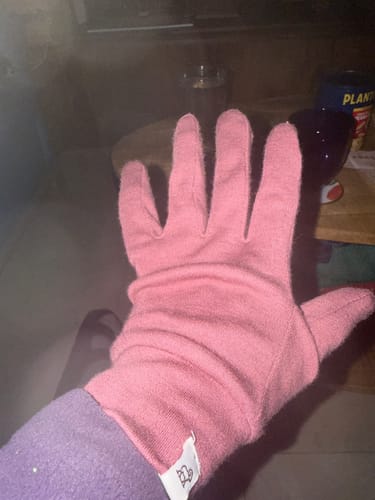 Reviewer wearing a soft, ginger-colored Stone Harbor Glove on their hand indoors.