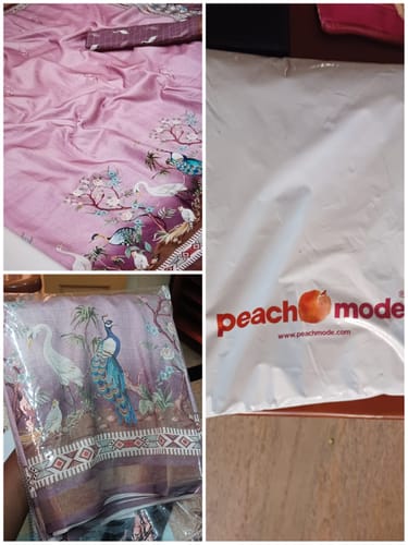 Customer's collage of the new purple printed Dola Silk Saree shown unfolded, packaged, and with the shipping bag.