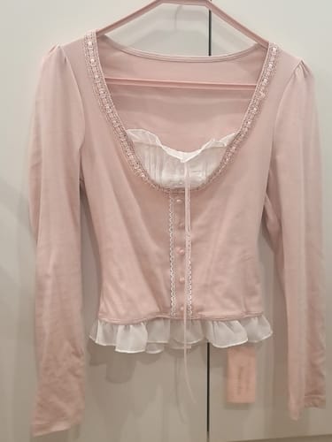 Customer photo review of Pink Long Sleeve Lace Trim Top with Ruffle Hem