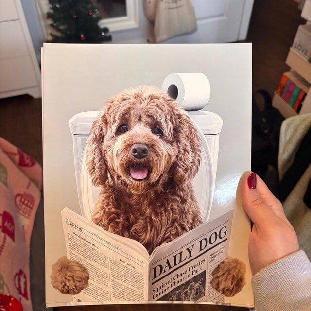 Customer photo review of Dog Reading Newspaper on toilet
