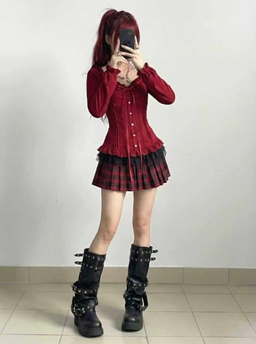 Customer photo review of Burgundy round neck long-sleeved dress
