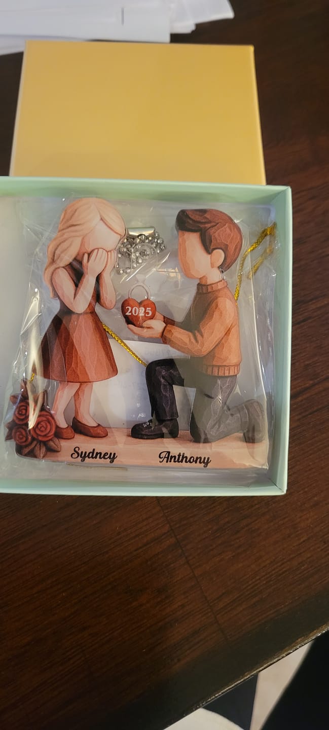 Customer photo review of Couple Marriage Proposal - Personalized Acrylic Ornament - Newly Engaged Gift, "She Said Yes!" Ornament, Just Engaged Gifts for Couples
