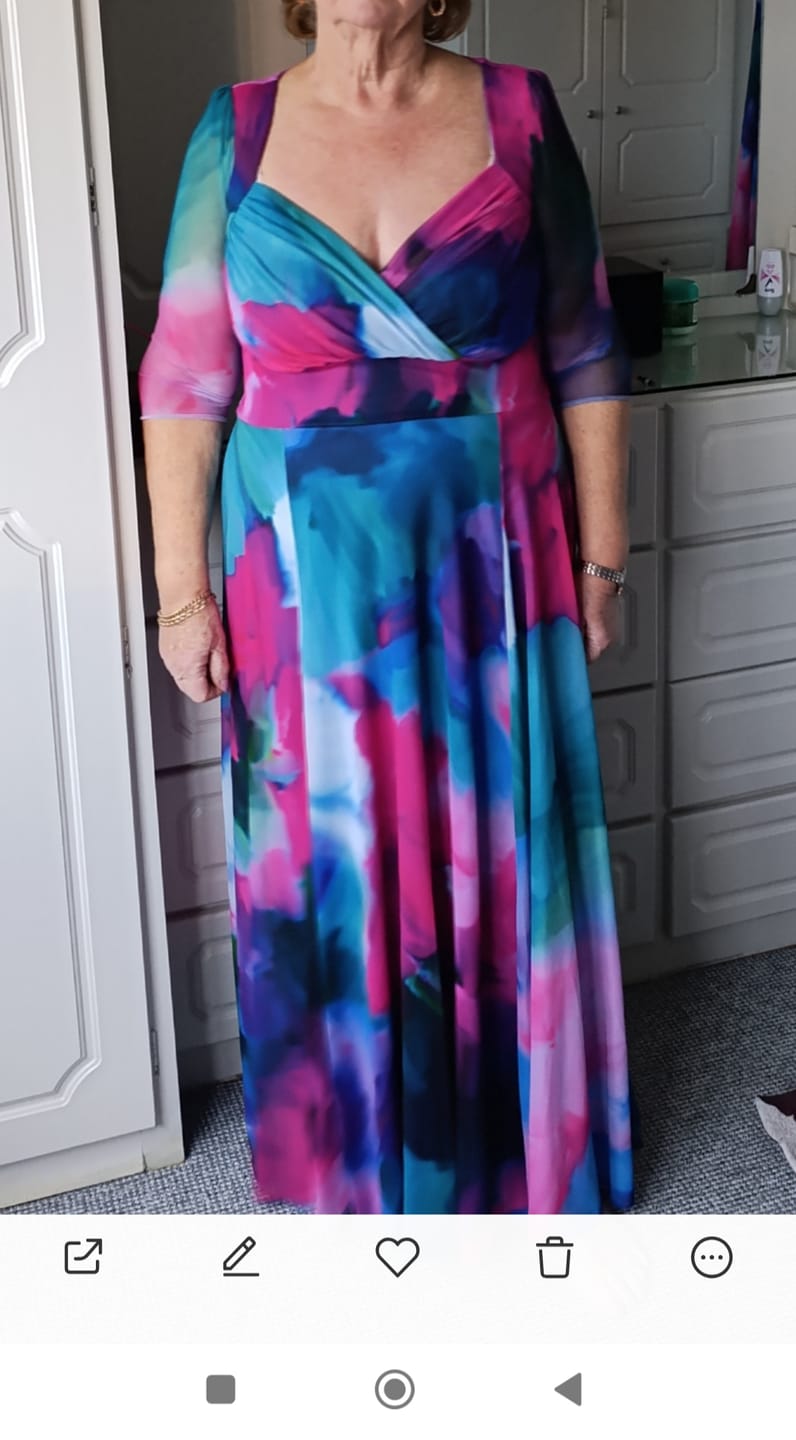 Customer photo review of Elizabeth Blue Green Multi Print Mesh Bolero Wrap Bodice Maxi Gown