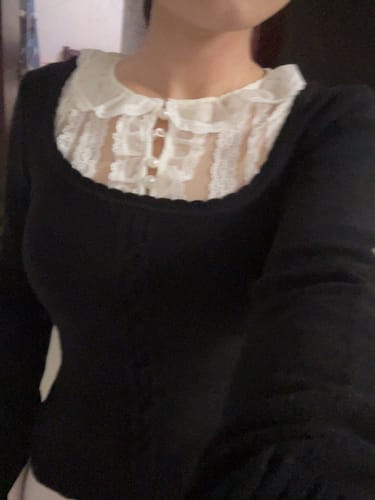 Customer photo review of Two-Tone Lace Faux Layered Slim-Fit Top – Dark Coquette Doll Collar Knit
