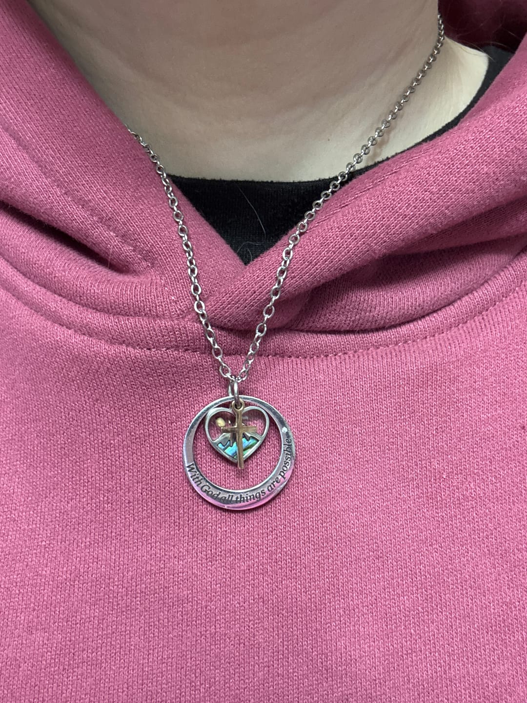 Customer photo review of FREE Today: With God All Things Are Possible Heart Cross Mustard Seed Pendant Necklace
