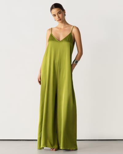 Customer's image of the flowing, olive green Audrey Satin Jumpsuit, shown full-length on a person.