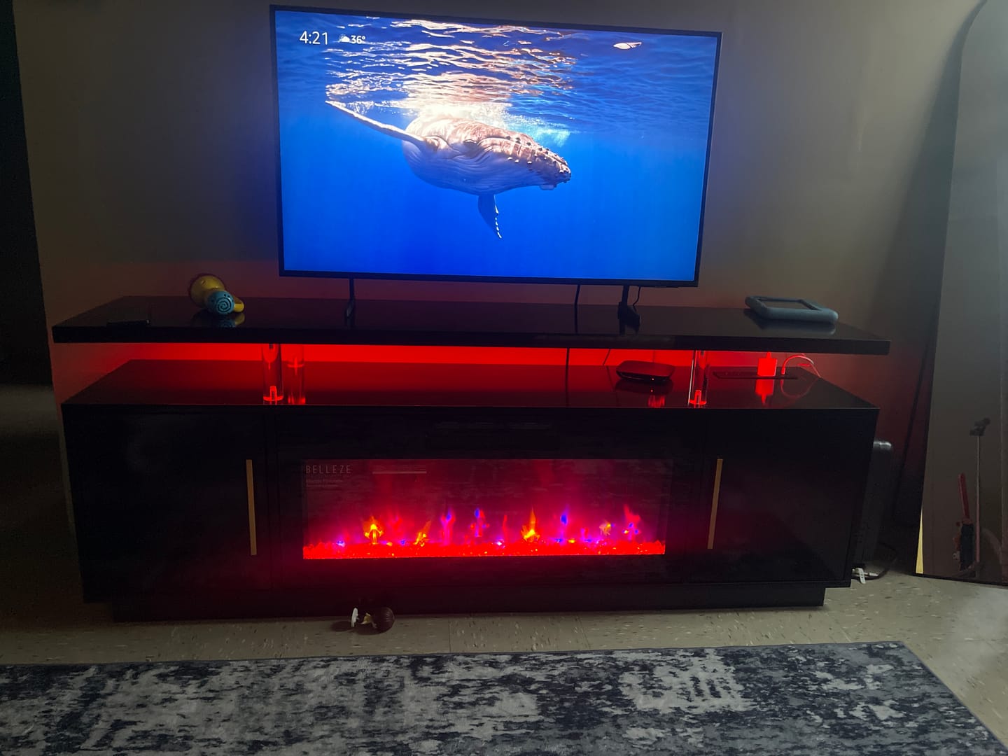 Customer photo review of Avenue 70" Fireplace TV Stand with LED Lights & Power Strip