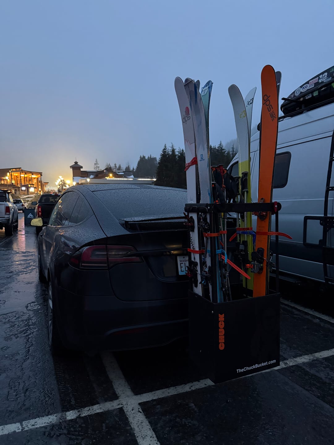 Customer photo review of Chuck Bucket Hitch-Mounted Ski & Snowboard Carrier