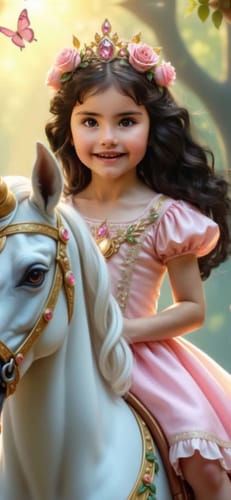 Customer's image for The Enchanted Unicorn Princess, showing a smiling person in a pink dress riding a white unicorn.