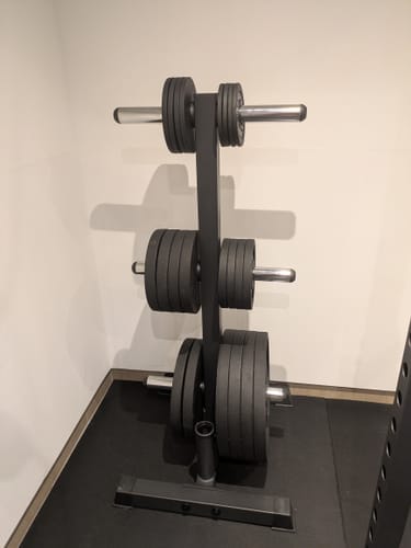 Robuste Rhino Storage Gewichtablage eines Rezensenten, zusammengebaut und mit Hantelscheiben beladen.