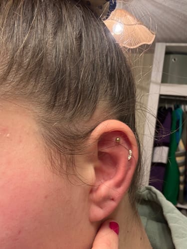 Close-up of a customer's ear showing the Gilded leaf flatback Gold earring in a cartilage piercing.
