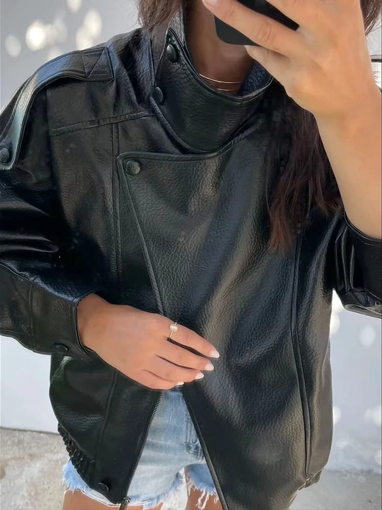 Customer photo review of Aleah Asymmetrical Leather Jacket