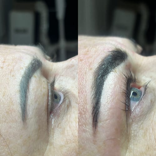 Reviewer's close-up view comparing lashes before and after using the Korean Lash Lift.