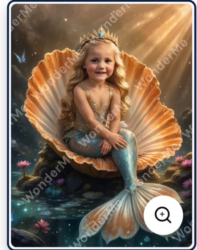 Customer's personalized The Seashell Princess portrait showing a young girl as a smiling mermaid in a large seashell.
