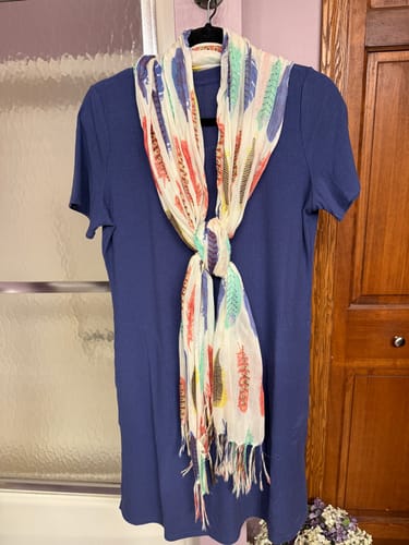 Customer's blue short-sleeved top from a mystery bag, shown on a hanger and styled with a multi-colored scarf.