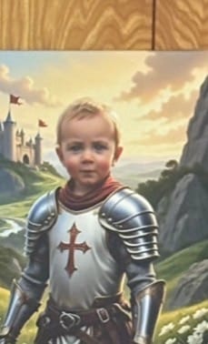 Customer's Knight Crusader portrait showing a child as a knight in detailed armor, with a castle in the background.