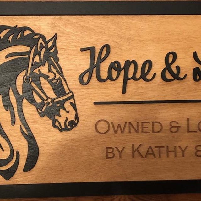 Customer photo review of Custom Wooden Horse Stall Sign – Personalized Barn Name Plate with Layered Horse Design
