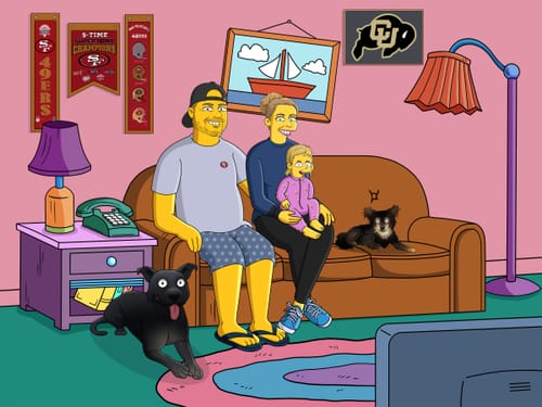 Customer's 'Turn Me Yellow' hand-drawn digital portrait showing a family with two dogs sitting on a couch in a cartoon living room.