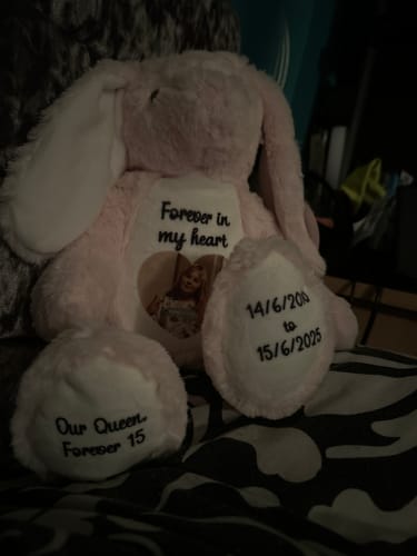 Customer photo review of A Cuddle from Heaven Personalised Photo Teddy Bear