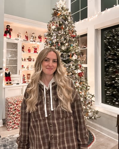 Customer photo showing a person in front of a Christmas tree, edited with the warm and creamy Espresso Preset Collection.