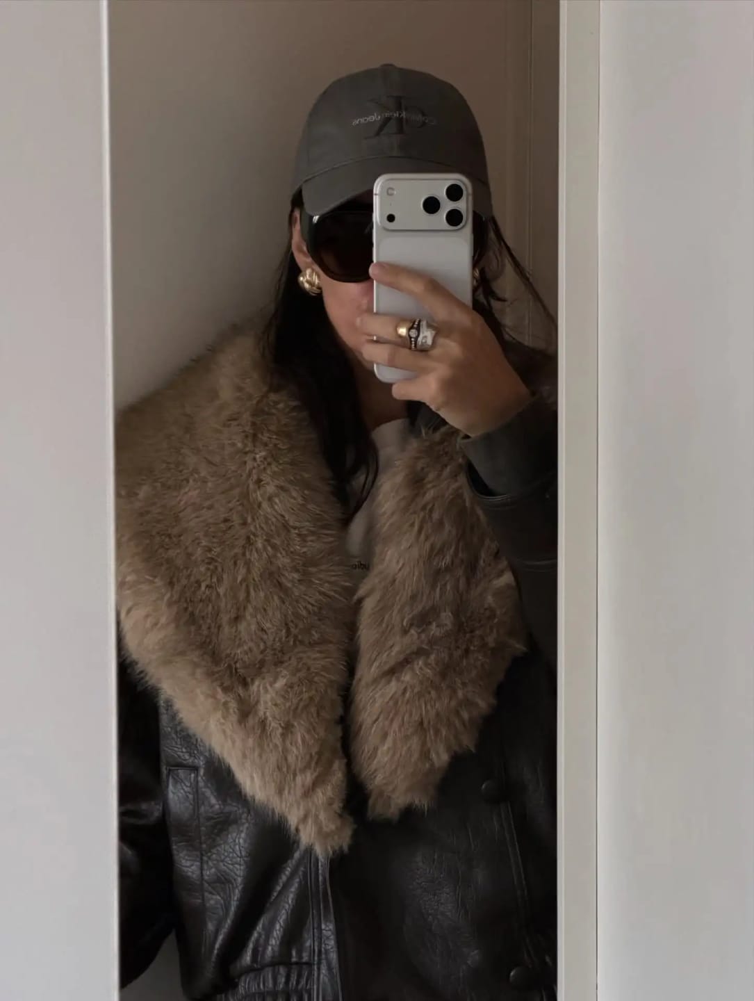 Customer photo review of Merriame Faux Leather Jacket with Detachable Fur Collar