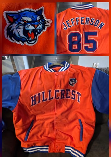 Customer's orange and blue varsity jacket, shown in a collage with custom 'Hillcrest' and 'Jefferson 85' text.