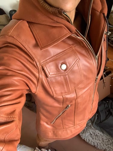 Customer photo review of Tralee Womens Tan Wax Bomber Leather Jacket With Removable Hood