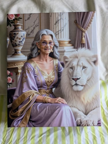 Customer's 'The Sultana's Grace' canvas print showing an older woman in a purple gown sitting next to a white lion.