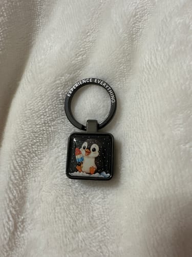 Customer's ZOXLOX keychain adapter from the Penguin Pack, showing a cartoon penguin holding a colorful popsicle.