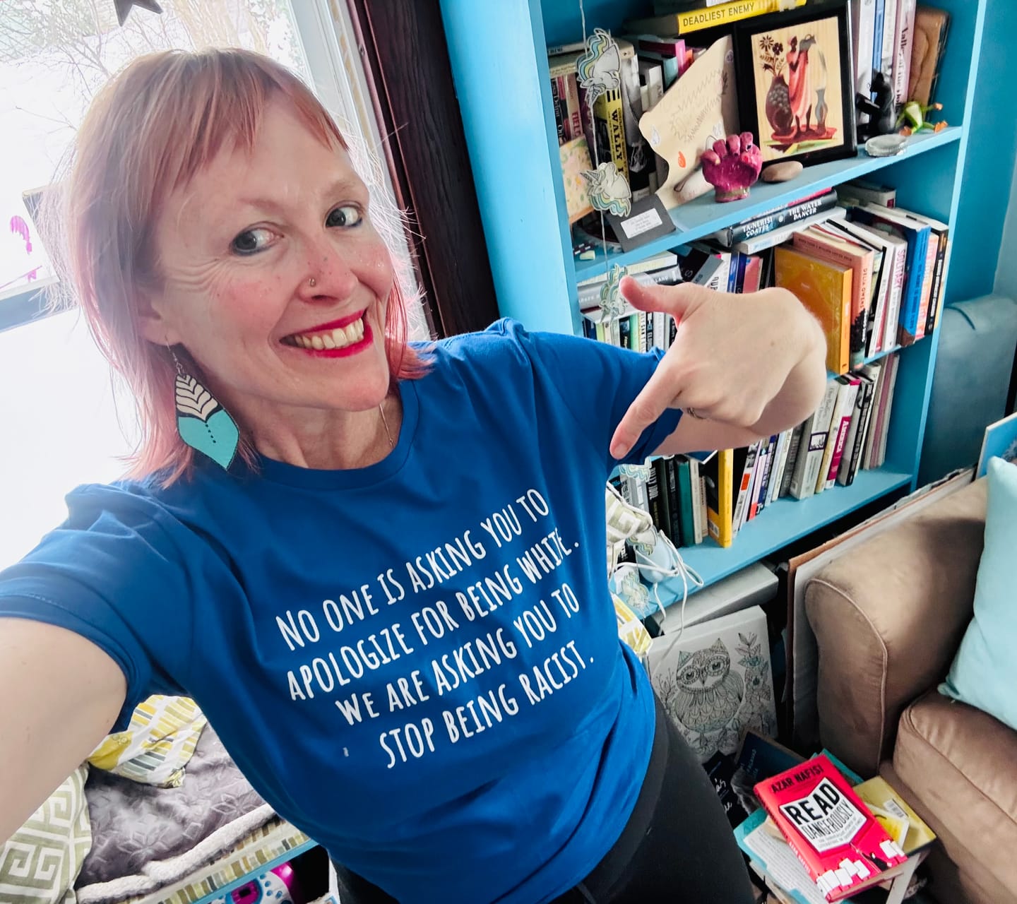 Customer photo review of No one is asking you to apologize for being white. We are asking you to stop being racist Unisex Tee