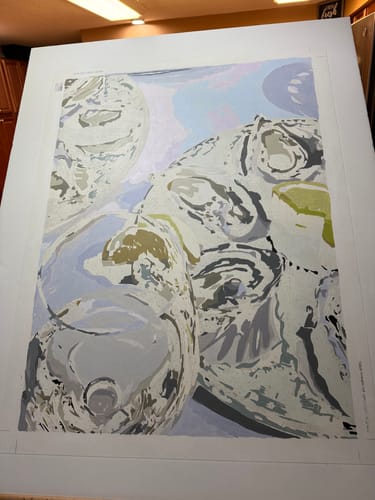 Customer's partially completed Custom Paint By Numbers Kit, showing an abstract design with neutral colors.