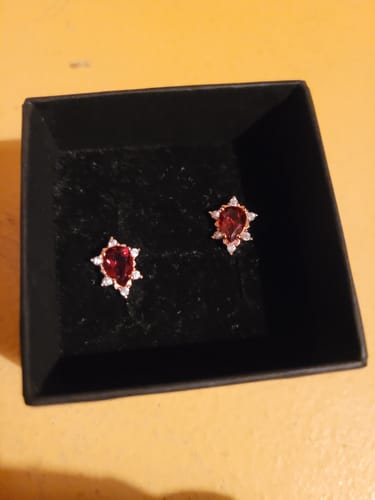 Avis d'un client : les boucles d'oreilles Grenat en forme d'étoile dans leur écrin de présentation noir.