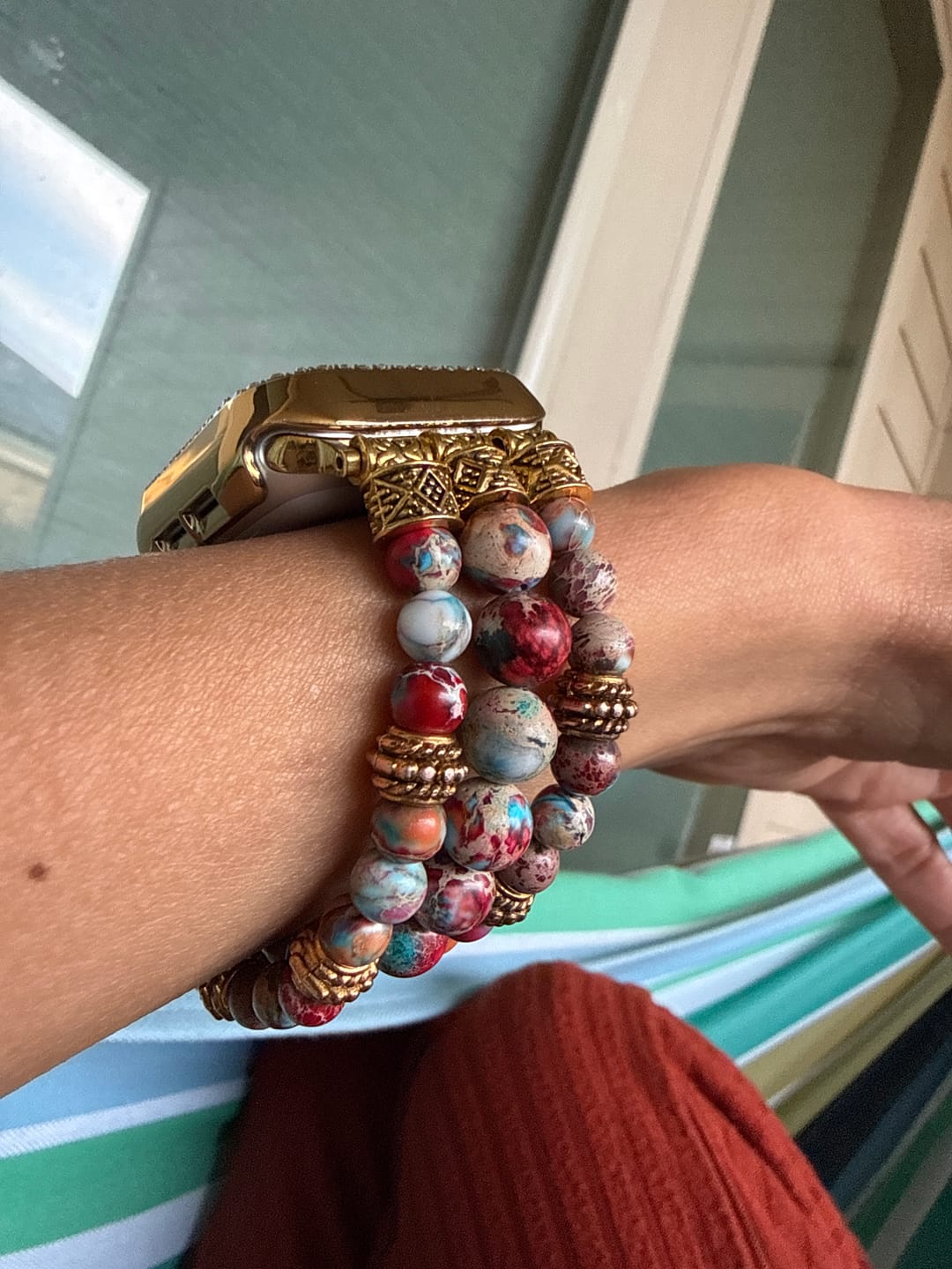 Customer photo review of Crimson Jasper Stretch Apple Watch Strap