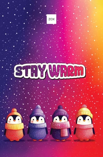 Customer's colorful December 2025 Booklet featuring four illustrated penguins in winter gear below the text 'STAY WARM'.